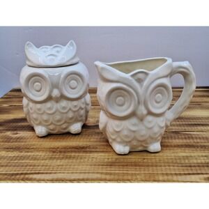Vintage 1973 Artisan Owl Sugar Creamer Set With Lid McM Hoot
